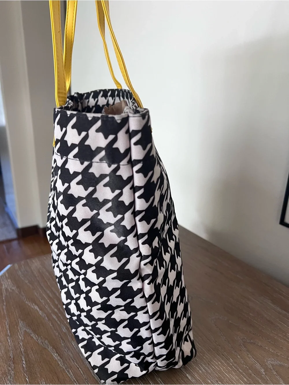 Vera Bradley Black & White Houndstooth Tote with Yellow Handles