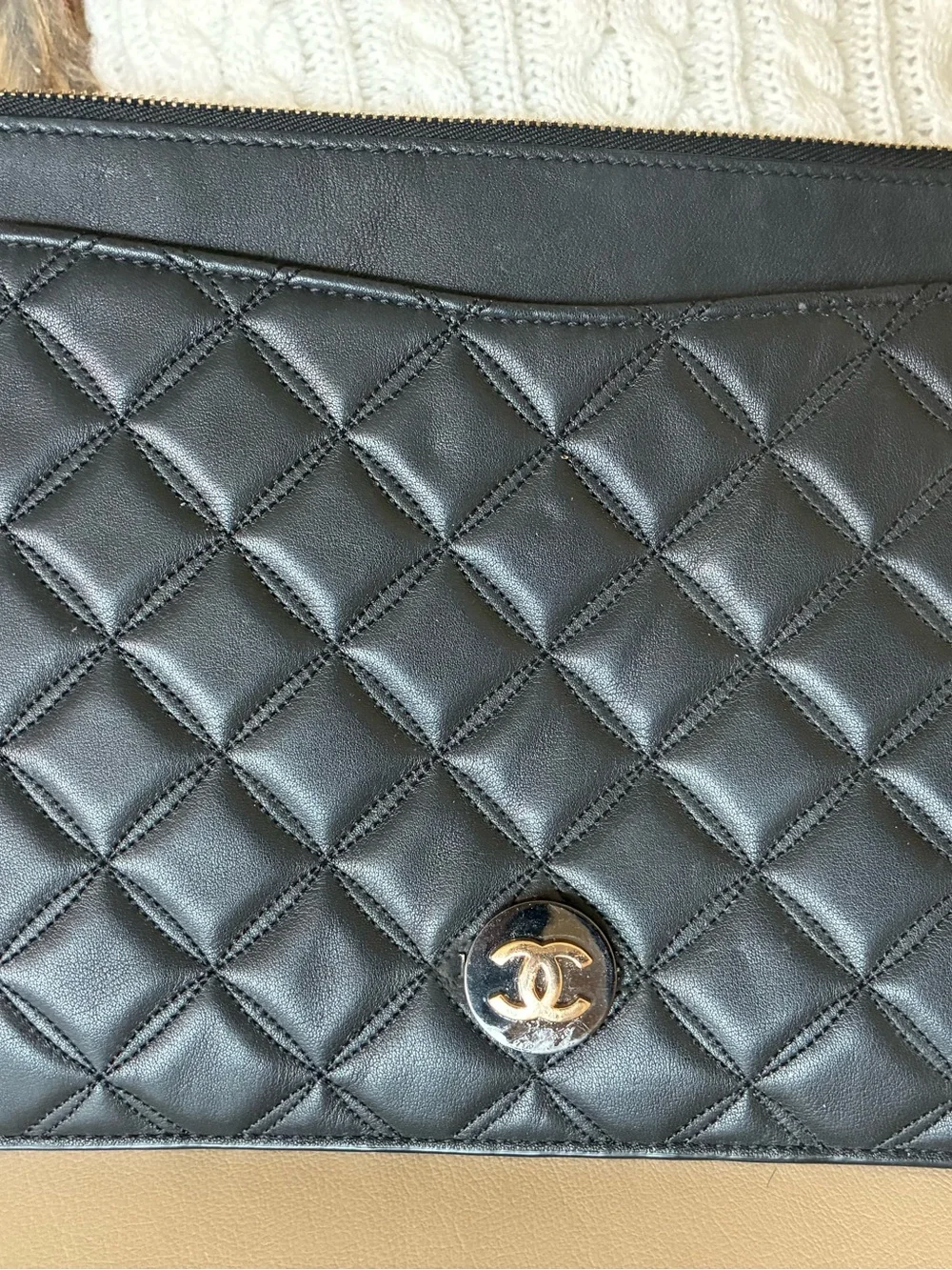 Chanel Quilted Leather Clutch Wristlet in Black with Gold CC Emblem