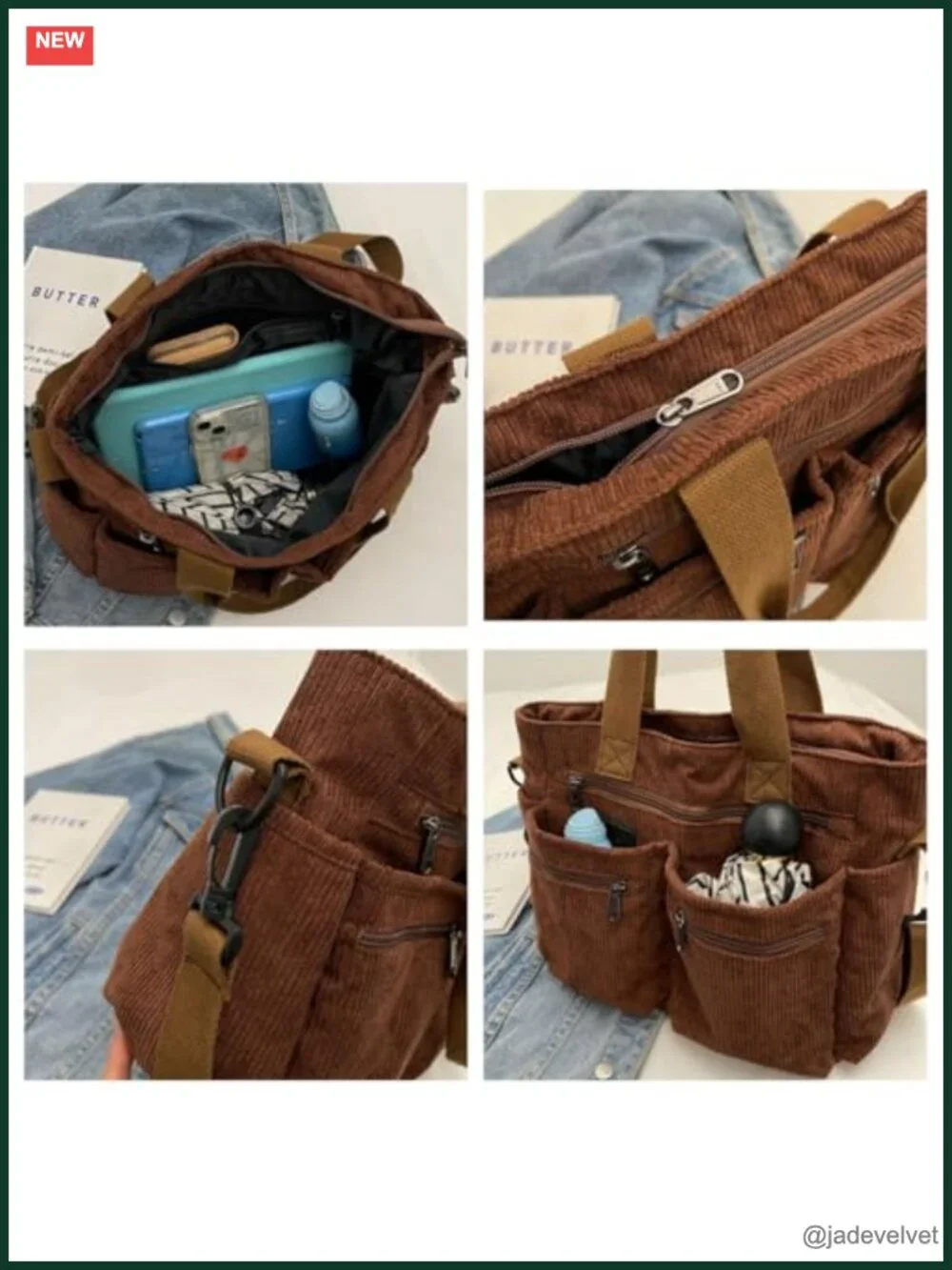 Corduroy Tote Bag Crossbody with Multiple Pockets Shoulder Bag Work Travel