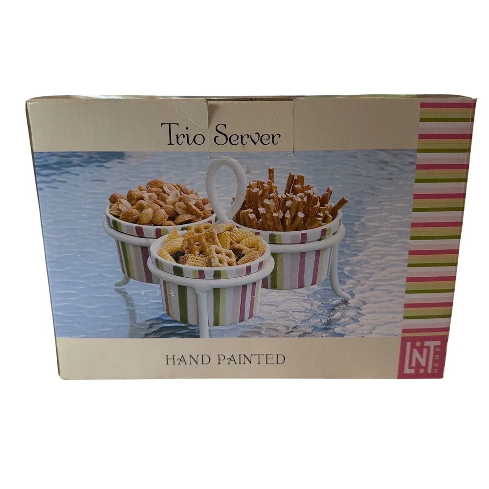 Linens-N-Things Trio Server Hand Painted Ceramic Bowls Striped Snack Set Stand
