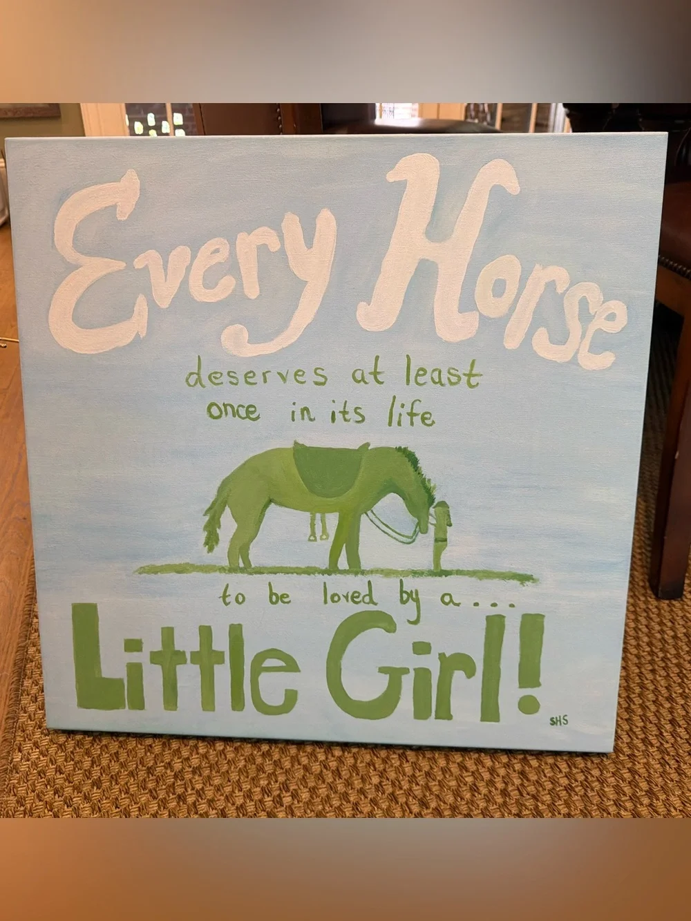 Little Girl Horse Quote Canvas Wall Art - Green on Light Blue