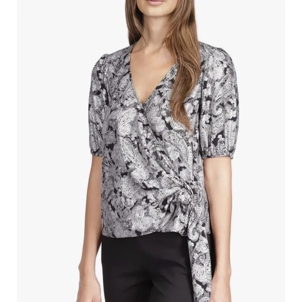 Michael Kors Womens Foil Paisley Wrap Top Size XL Short Sleeve Black Silver