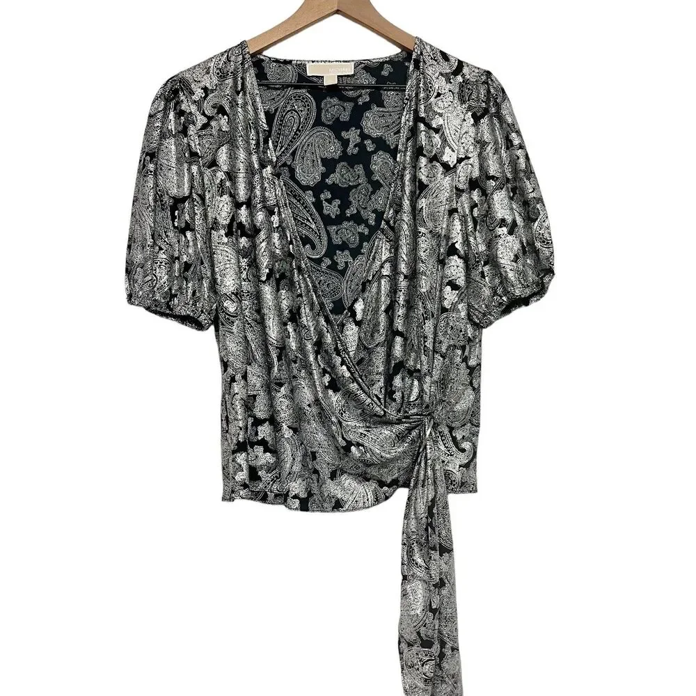 Michael Kors Womens Foil Paisley Wrap Top Size XL Short Sleeve Black Silver