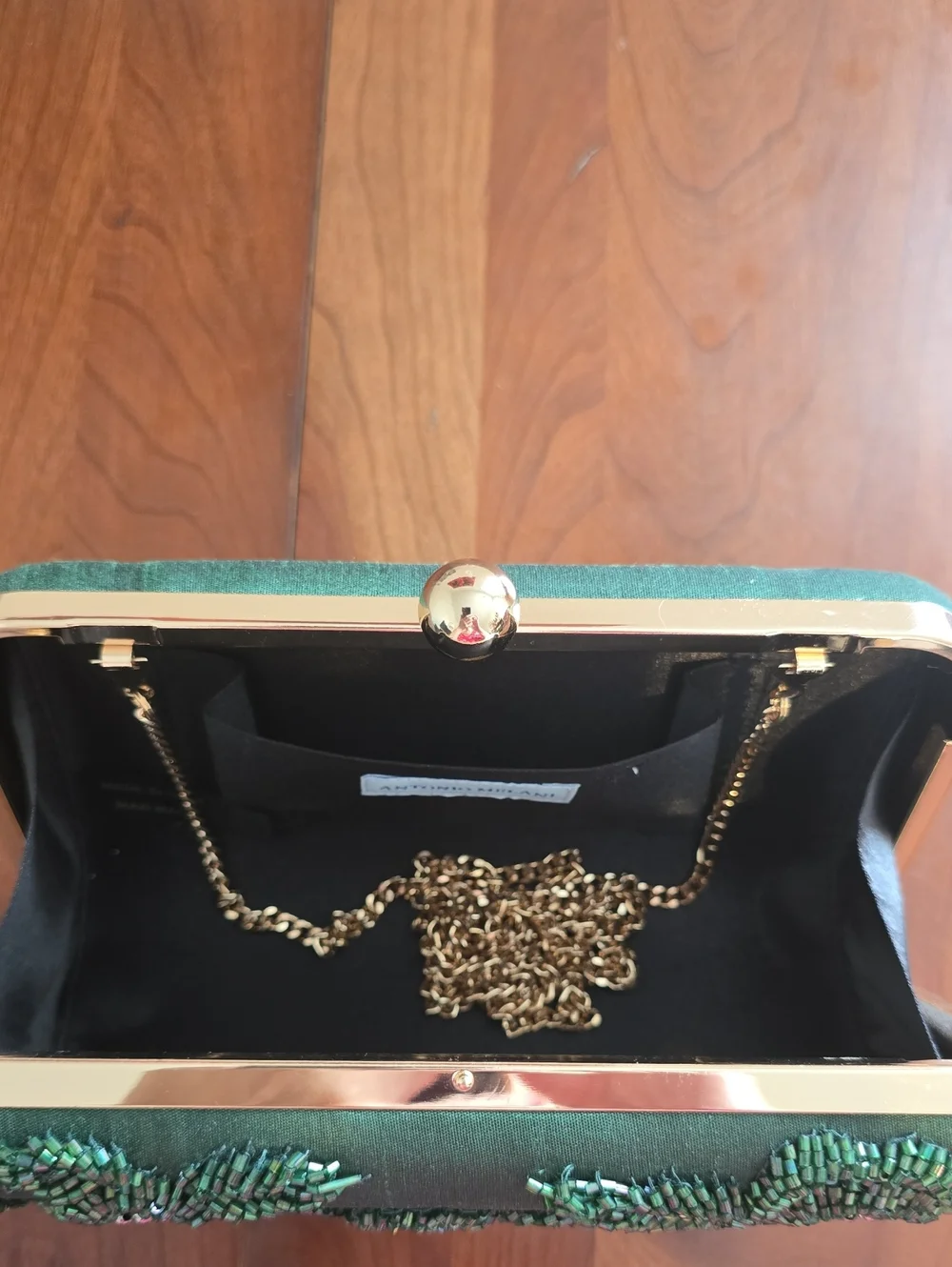 Antonio Melani Green Beaded Floral Evening Clutch with Gold Chain, Like New!