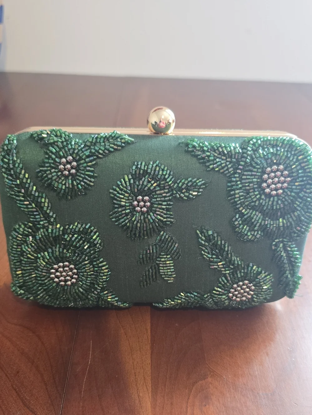 Antonio Melani Green Beaded Floral Evening Clutch with Gold Chain, Like New!