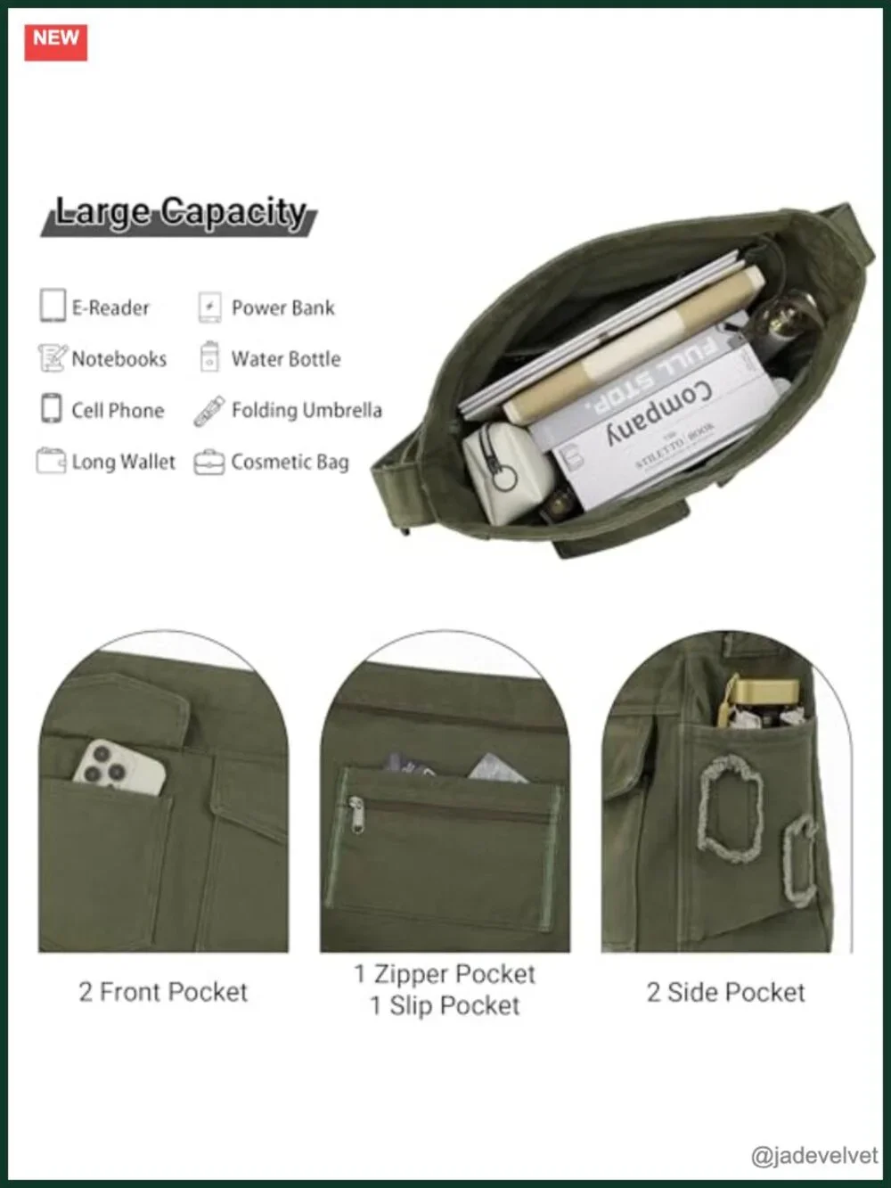 Canvas Tote Bag with Multiple Pockets Crossbody Shoulder Messenger