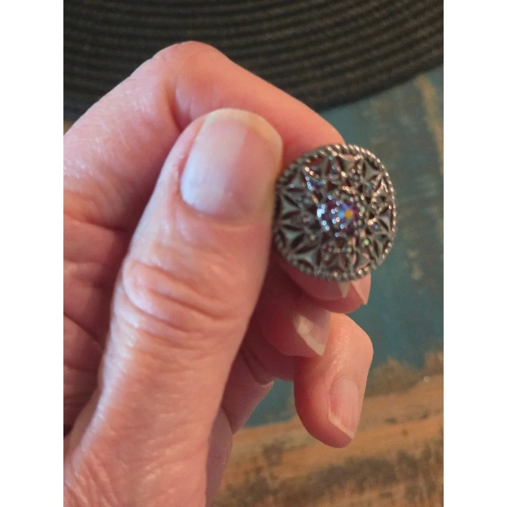 Vintage Silver Tone Filigree Cocktail Ring with Aurora Borealis Rhinestone