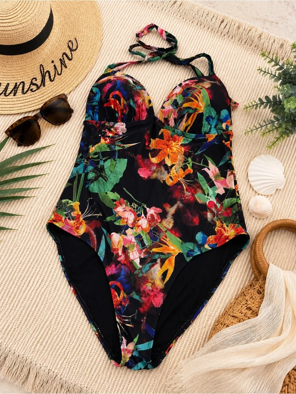 Old Navy Tropical Floral One Piece Swimsuit XL Halter Tummy Control