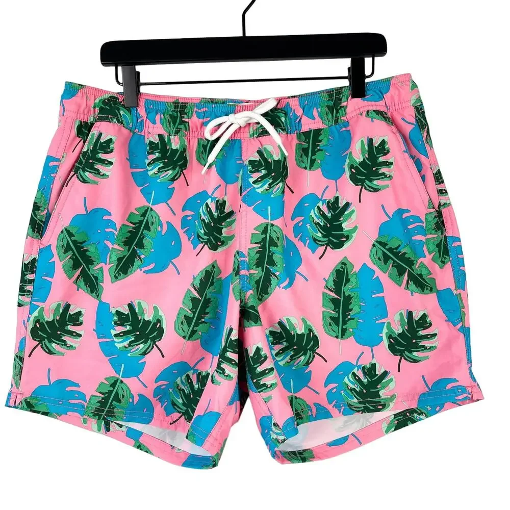J.Crew Mens Swim Trunks Shorts Flex Swimwear Leaves Pink Green Blue - L
