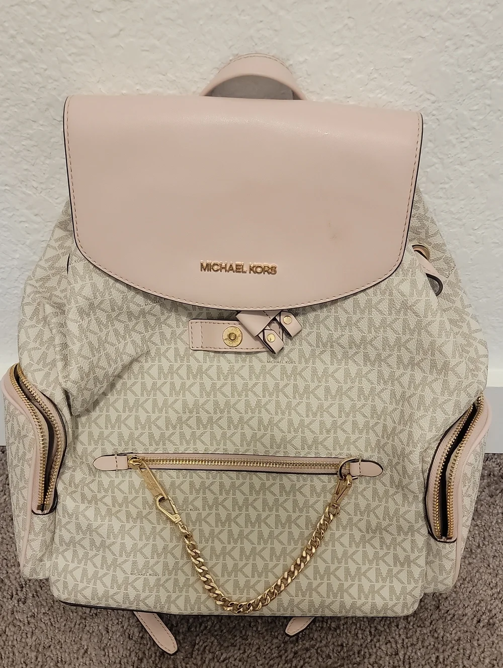 Michael Kors Cream MK Logo Backpack with Soft Pink Trim