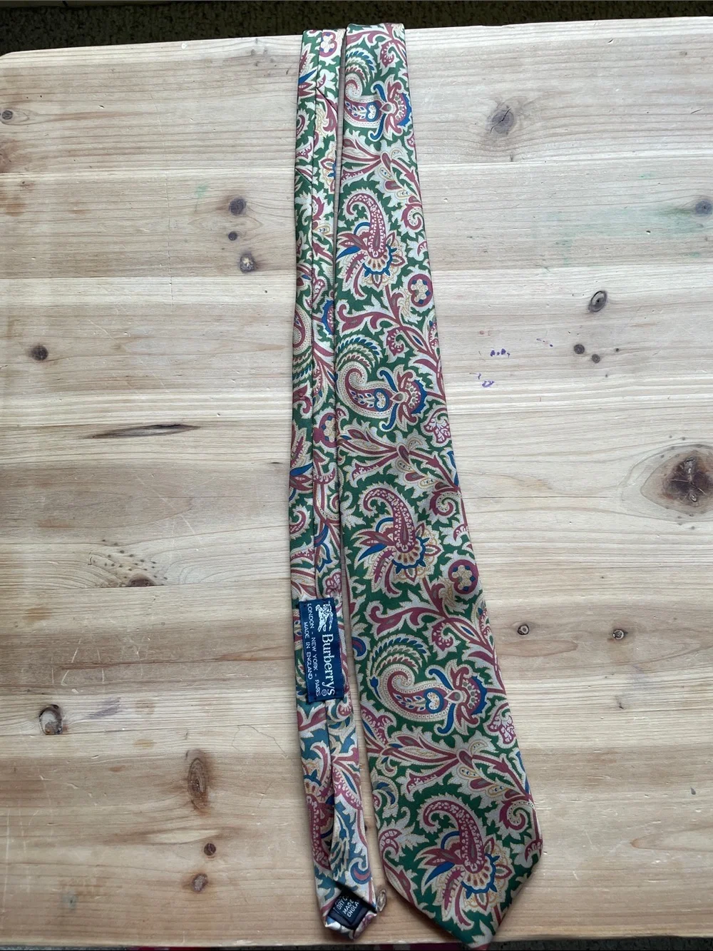 Burberry Green and Beige Paisley Silk Tie with Red & Blue Accents