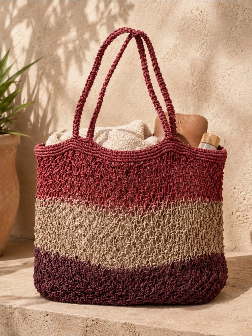 Free People Handwoven Jute Crochet Open Weave Striped Tote Mauve Tan & Plum