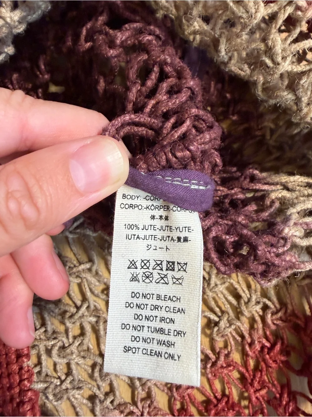 Free People Handwoven Jute Crochet Open Weave Striped Tote Mauve Tan & Plum