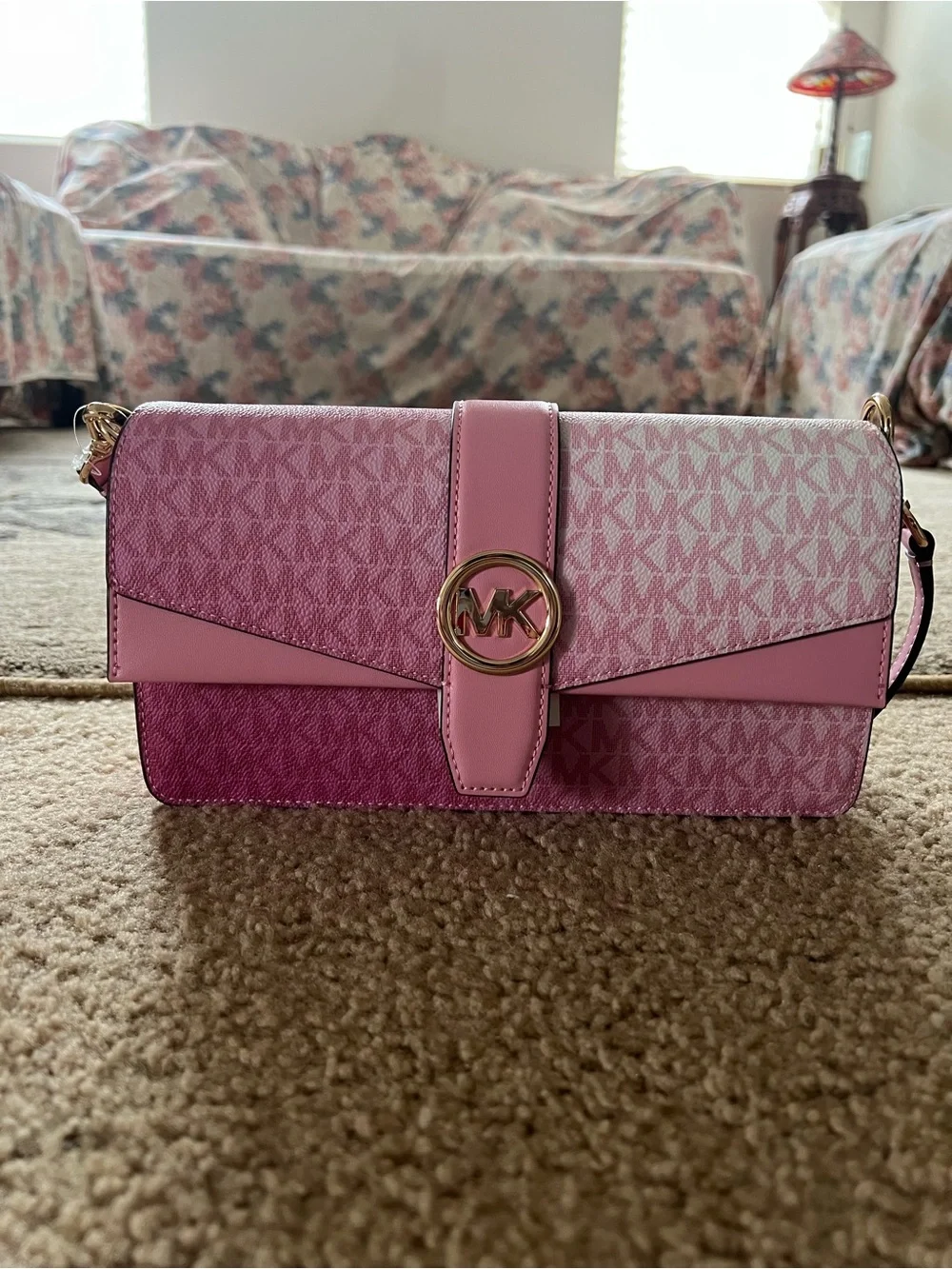 Michael Kors Pink Gradient Logo Crossbody Bag with Gold MK Emblem