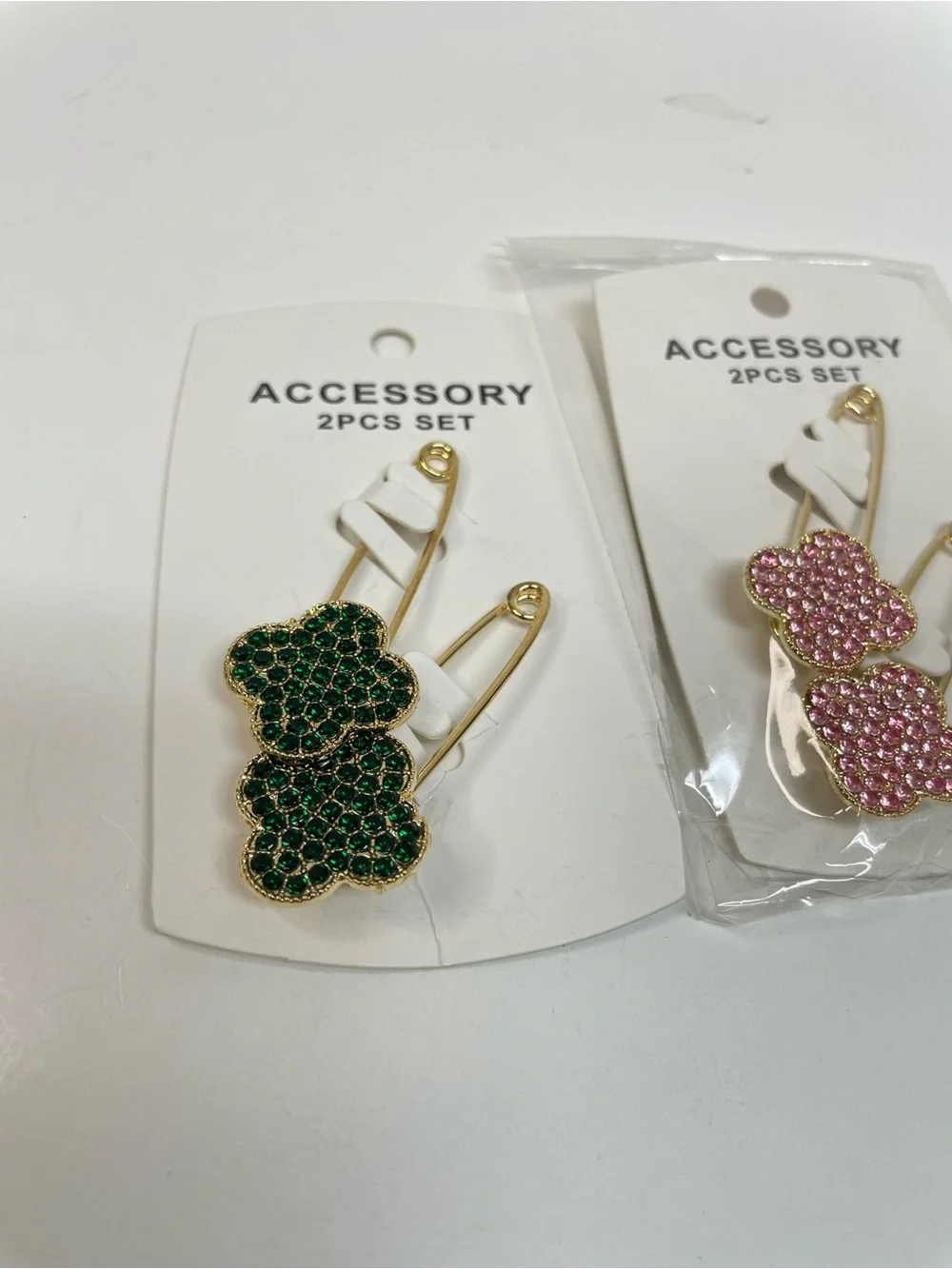 Gold-Tone Clover Pin Brooches - Green and Pink Sets