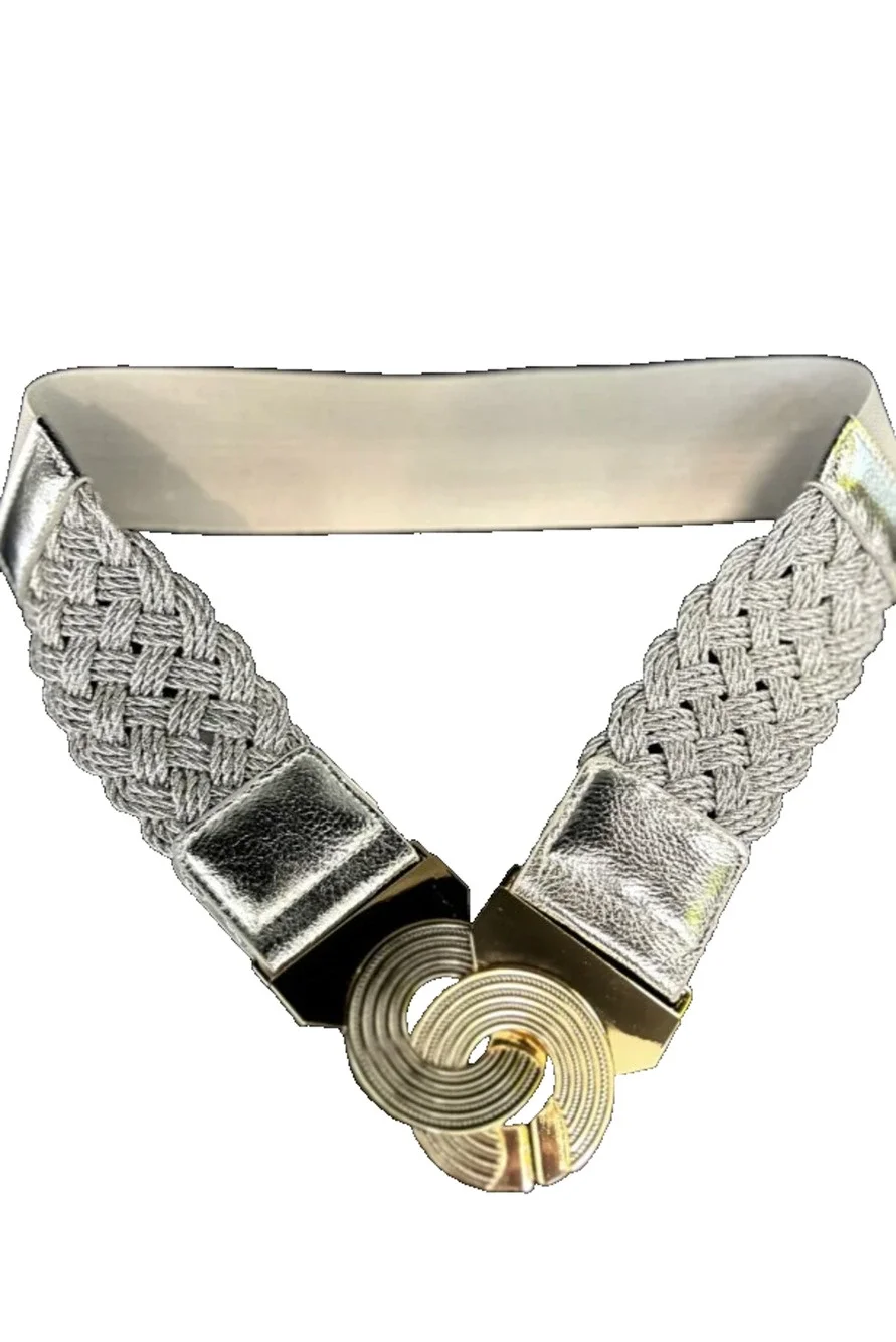 Samuel Dong Statement Belt Womens Sz 1 or S Silver & Gold Stretch Interlocking