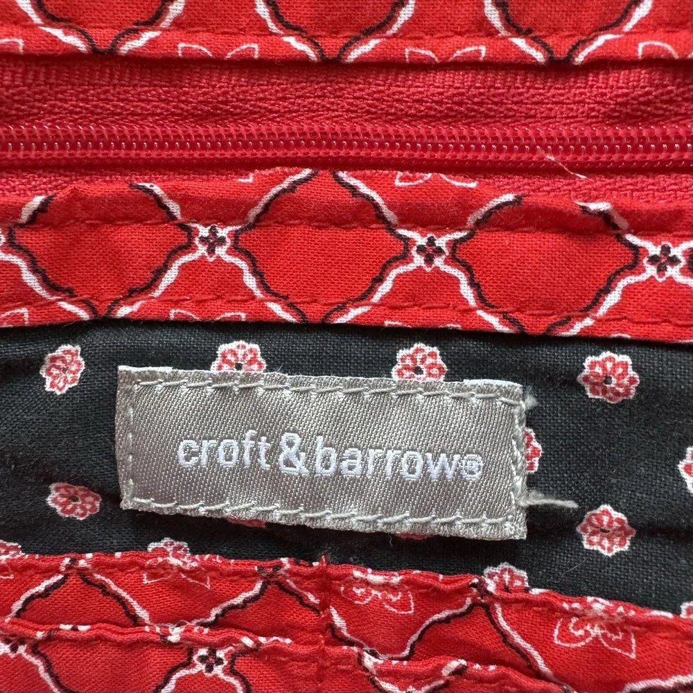 Croft & Barrow Tote Quilted Red Black Print Zipper Pockets Medium Cottage Cute