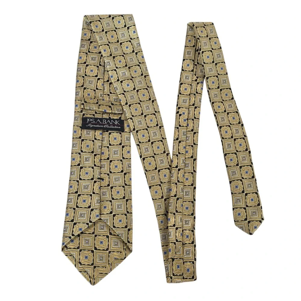 Jos A Bank Signature Collection Mens Necktie Gold‎ Handmade Embroidered Silk