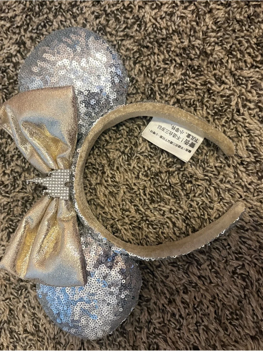 Disney World Sparkle Sequin Mouse Ear Headband with Bow - Silver