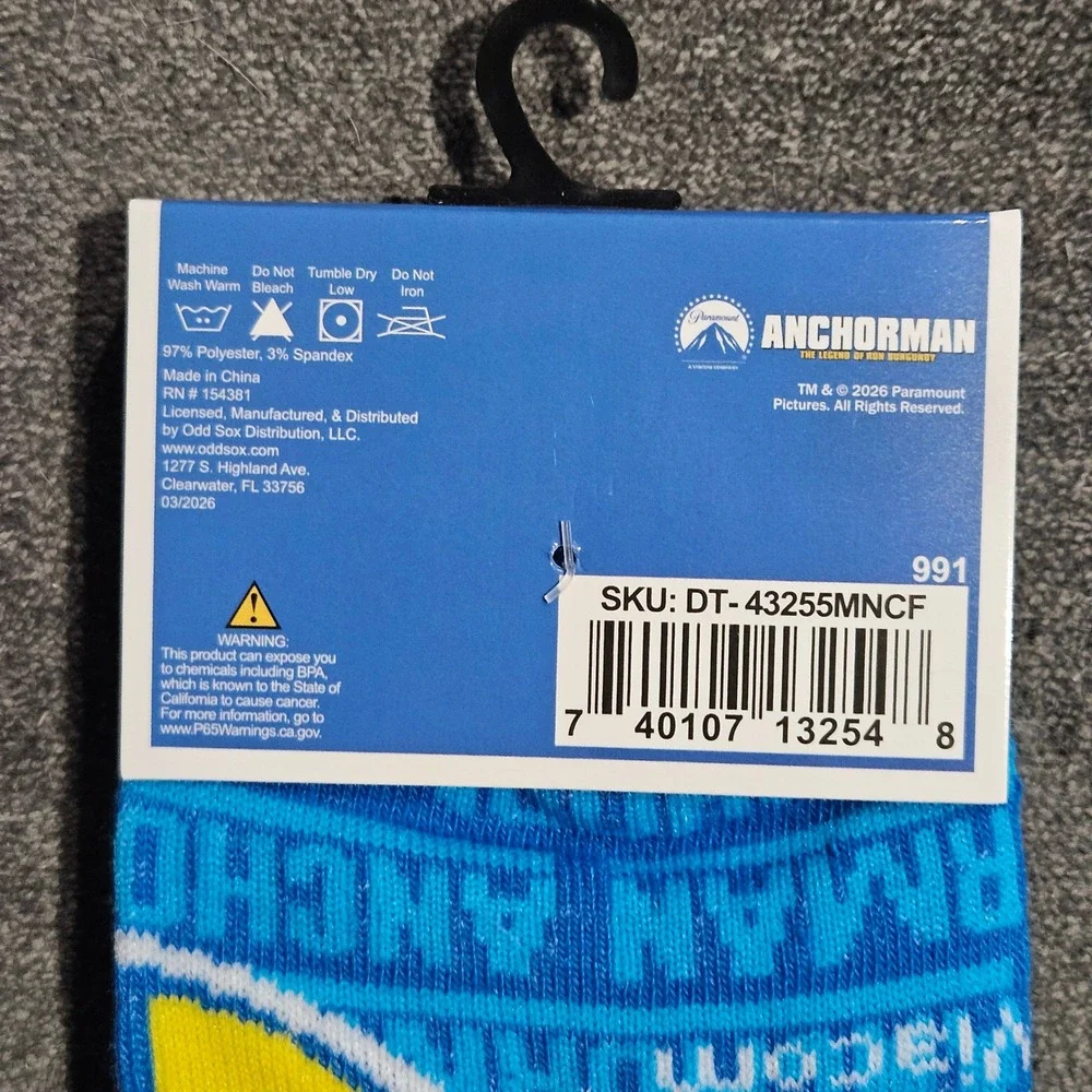 Anchorman Ron Burgundy Odd Sox Mens Crew Socks Size 6-12 Blue Yellow
