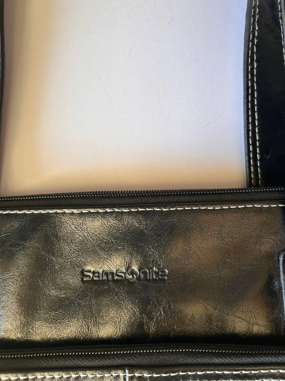 Samsonite Black Faux Leather Laptop Tote Work Bag Contrast Stitch Zip