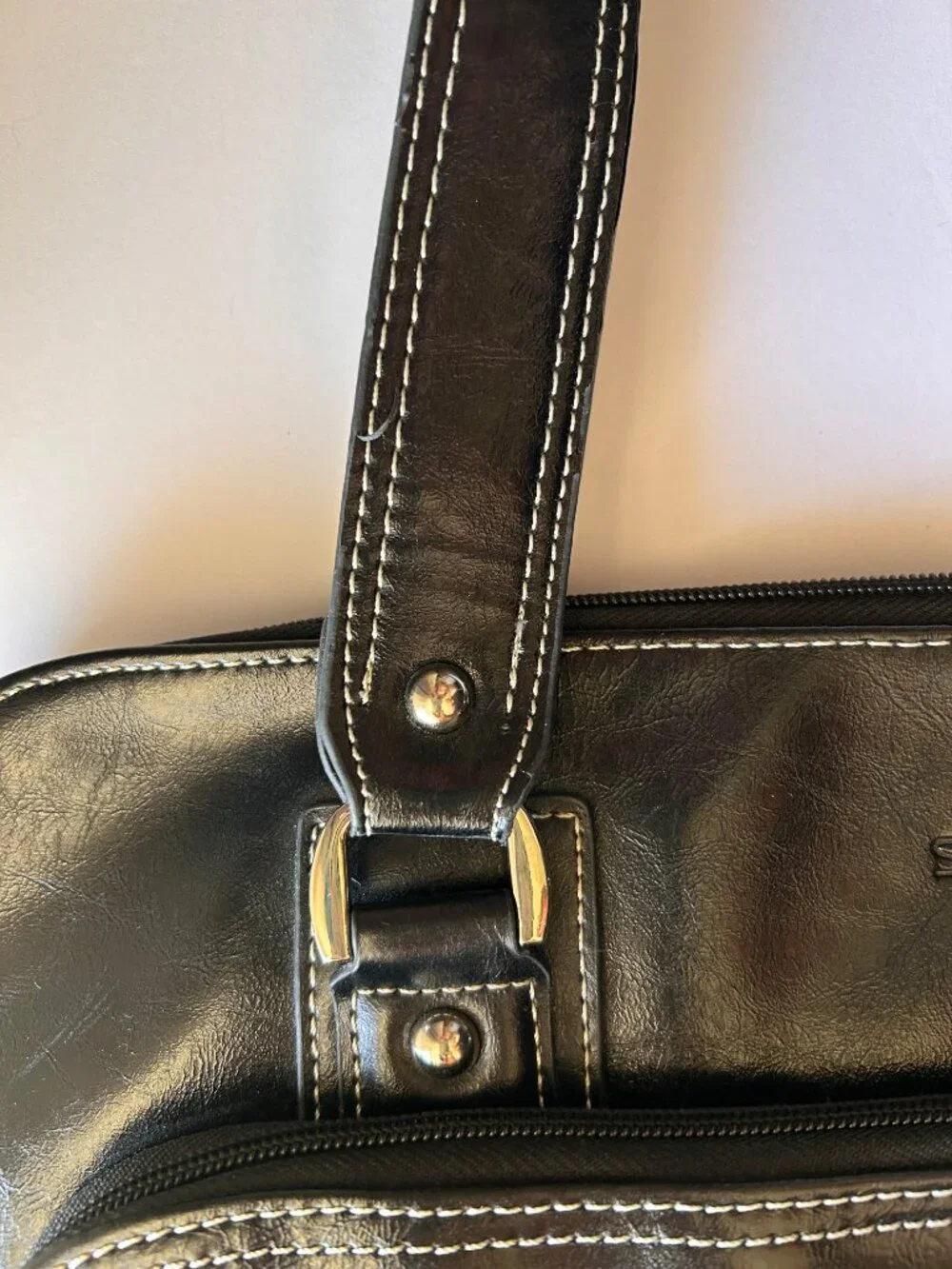 Samsonite Black Faux Leather Laptop Tote Work Bag Contrast Stitch Zip