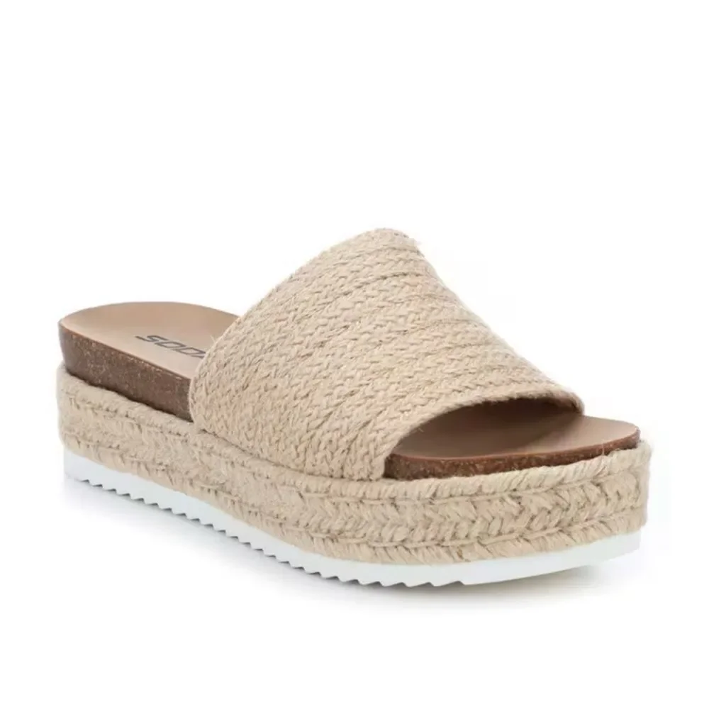Soda PROCESS Beige Jute Open Toe Platform Espadrille Slide Sandals