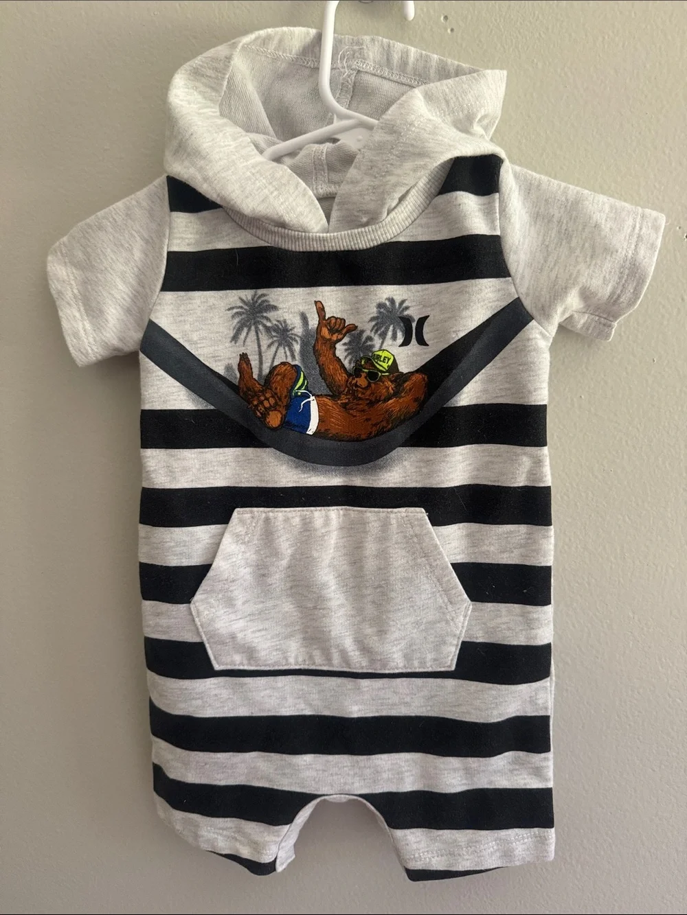Hurley Gray and Black Striped Hooded Baby One-Piece