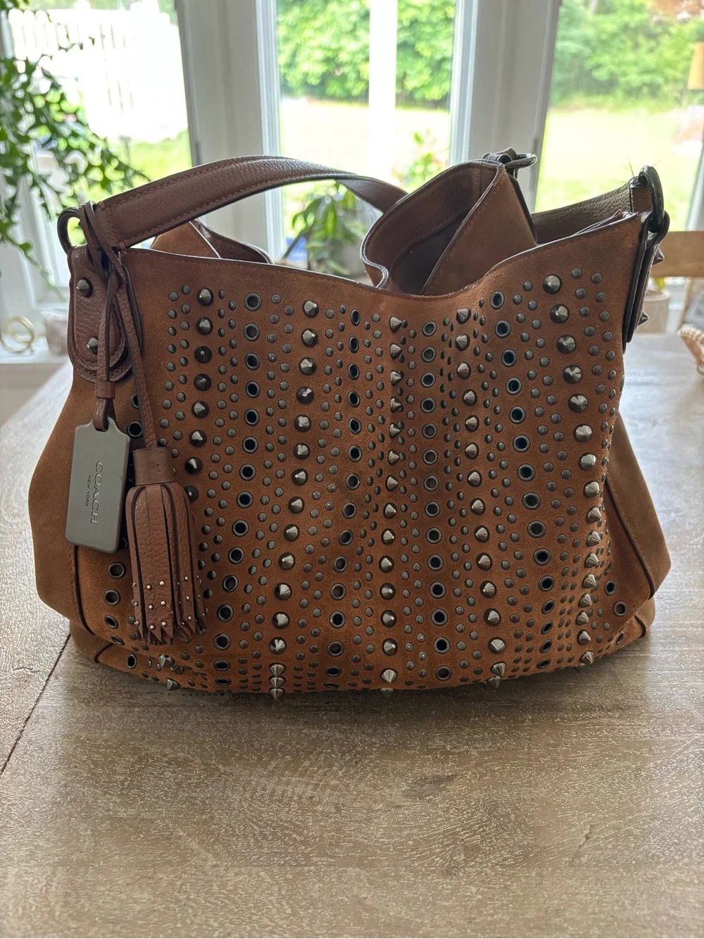 Coach Brown Suede Studded Shoulder Bag with Tassel