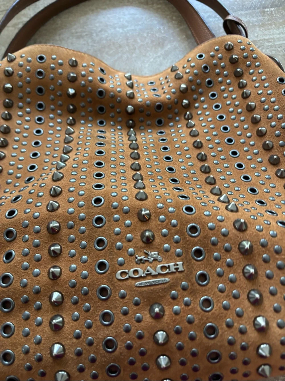 Coach Brown Suede Studded Shoulder Bag with Tassel