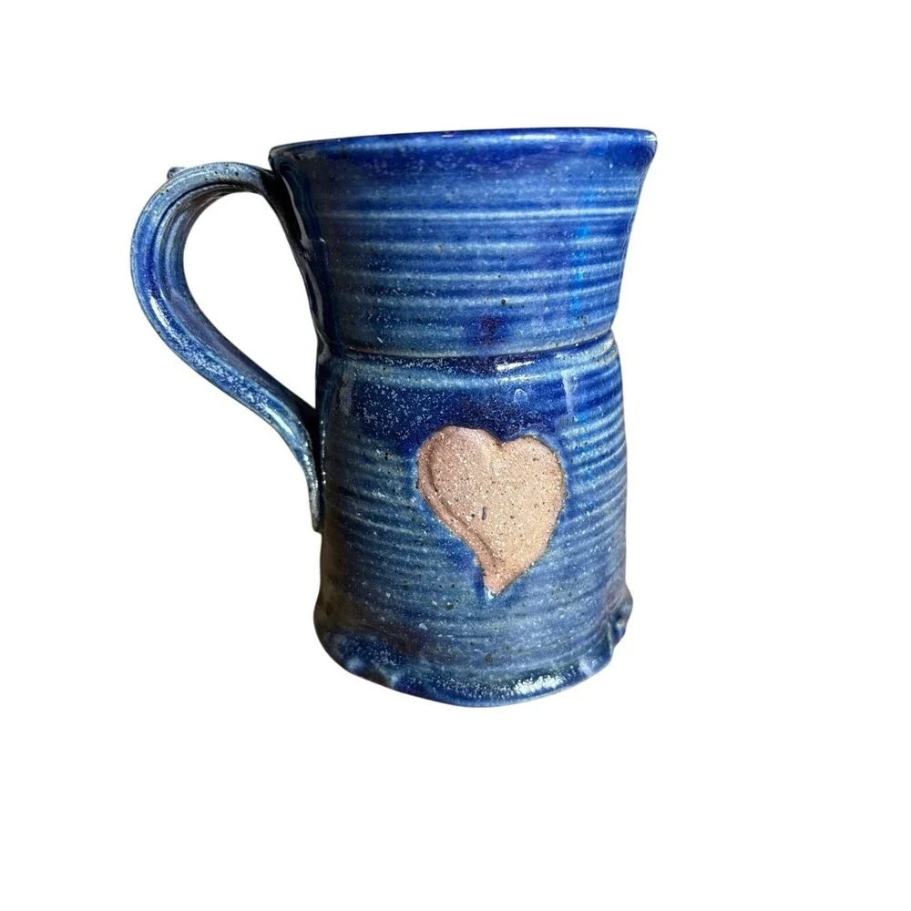 Vintage‎ Handmade Blue Stoneware Mug w/Heart Accent Signed GIFT Rustic Farmhouse