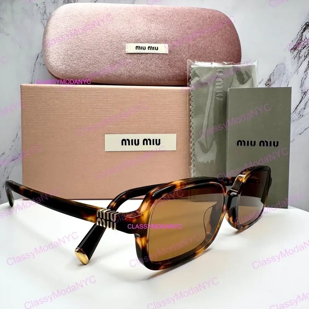 New MIU MIU Sunglasses Brown Tortoise Slim Rectangular Acetate Logo Authentic