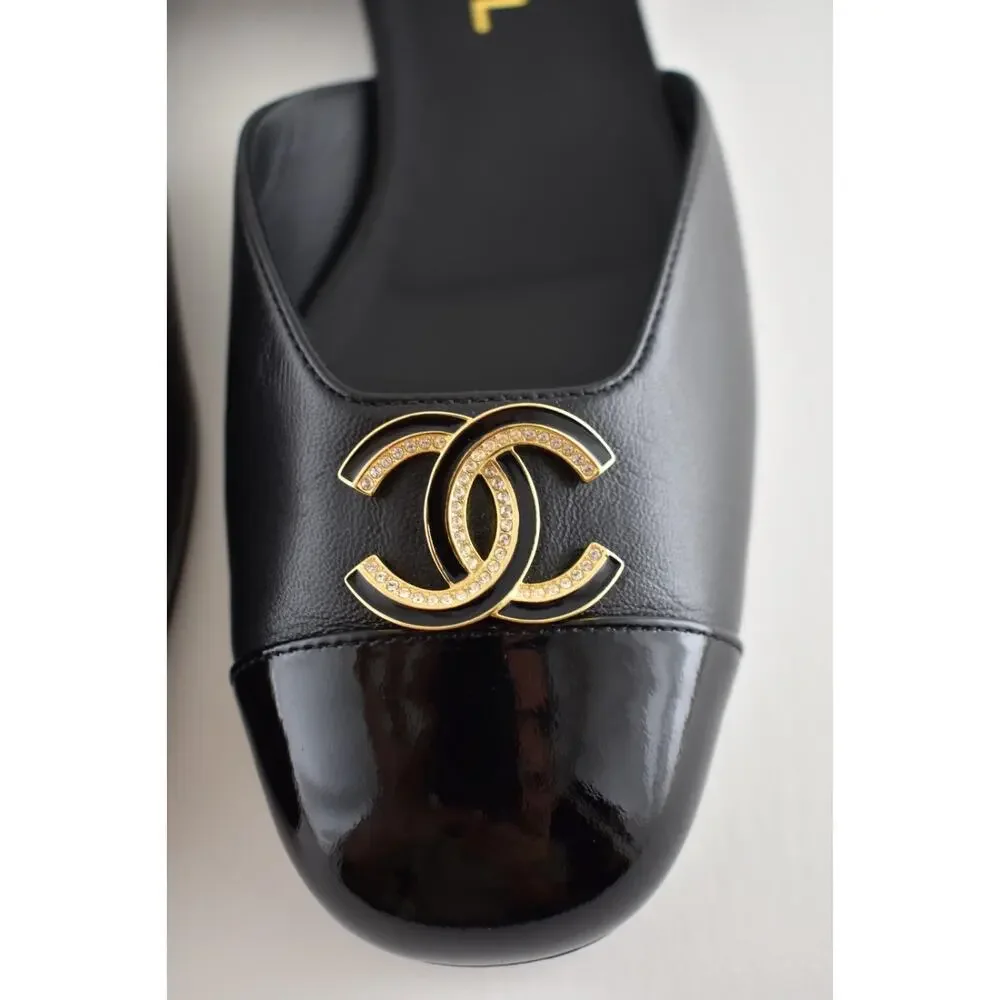 Chanel 25P Black Patent Gold CC Slingback Ankle Strap Ballerina Ballet Flat 38.5