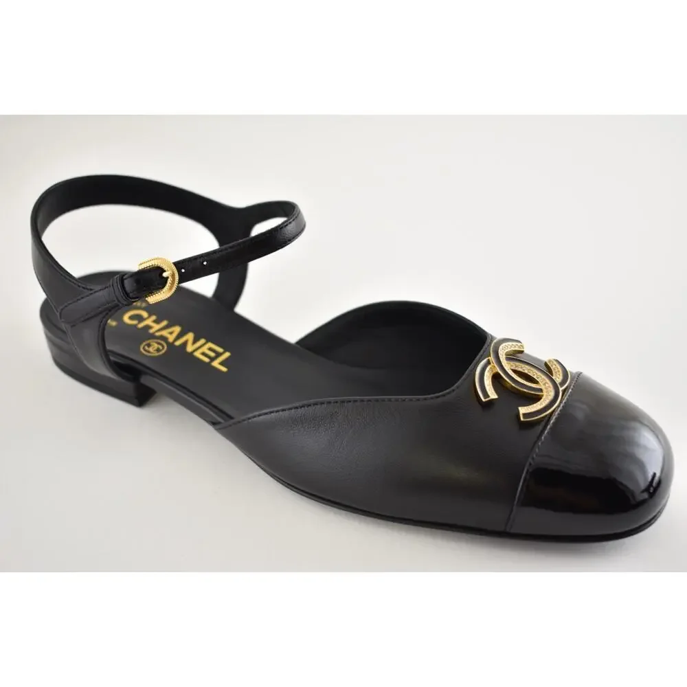 Chanel 25P Black Patent Gold CC Slingback Ankle Strap Ballerina Ballet Flat 38.5