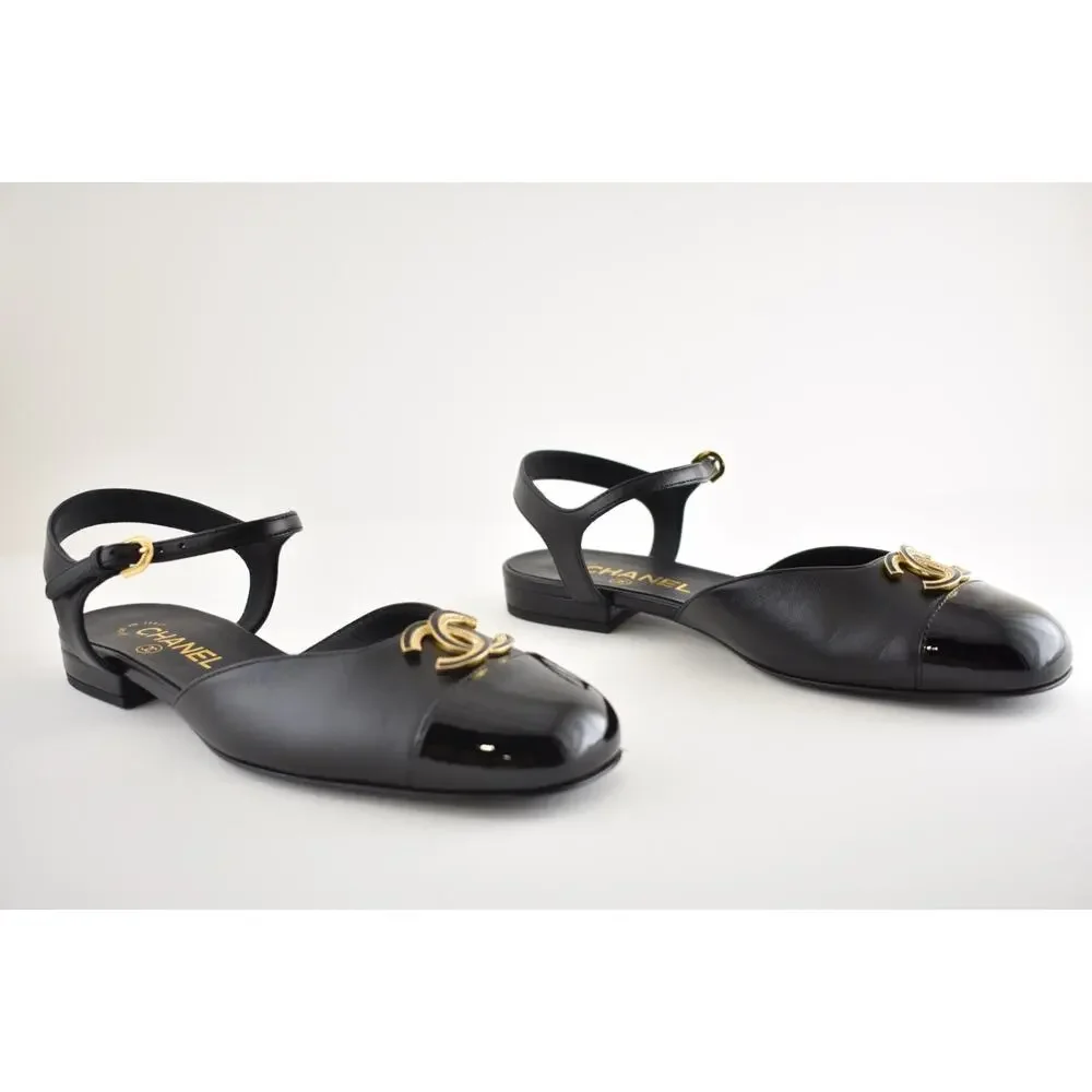 Chanel 25P Black Patent Gold CC Slingback Ankle Strap Ballerina Ballet Flat 38.5
