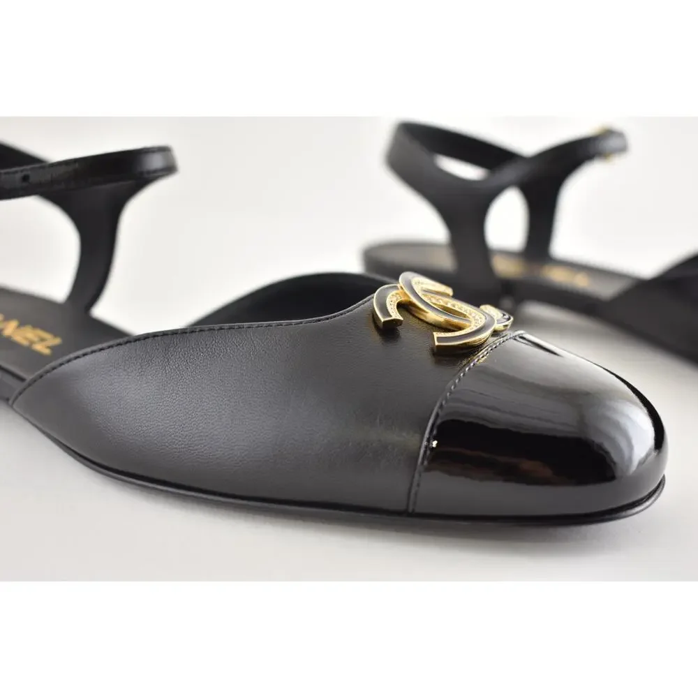 Chanel 25P Black Patent Gold CC Slingback Ankle Strap Ballerina Ballet Flat 38.5