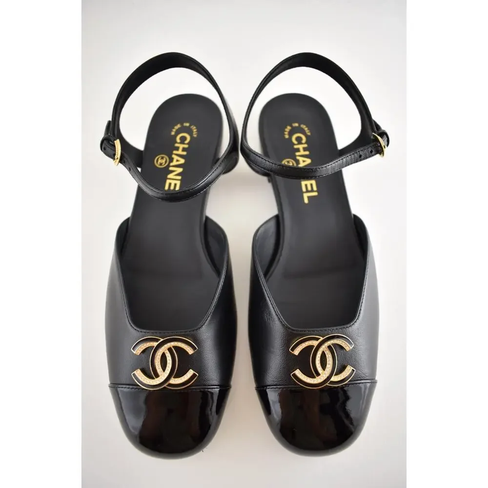 Chanel 25P Black Patent Gold CC Slingback Ankle Strap Ballerina Ballet Flat 38.5