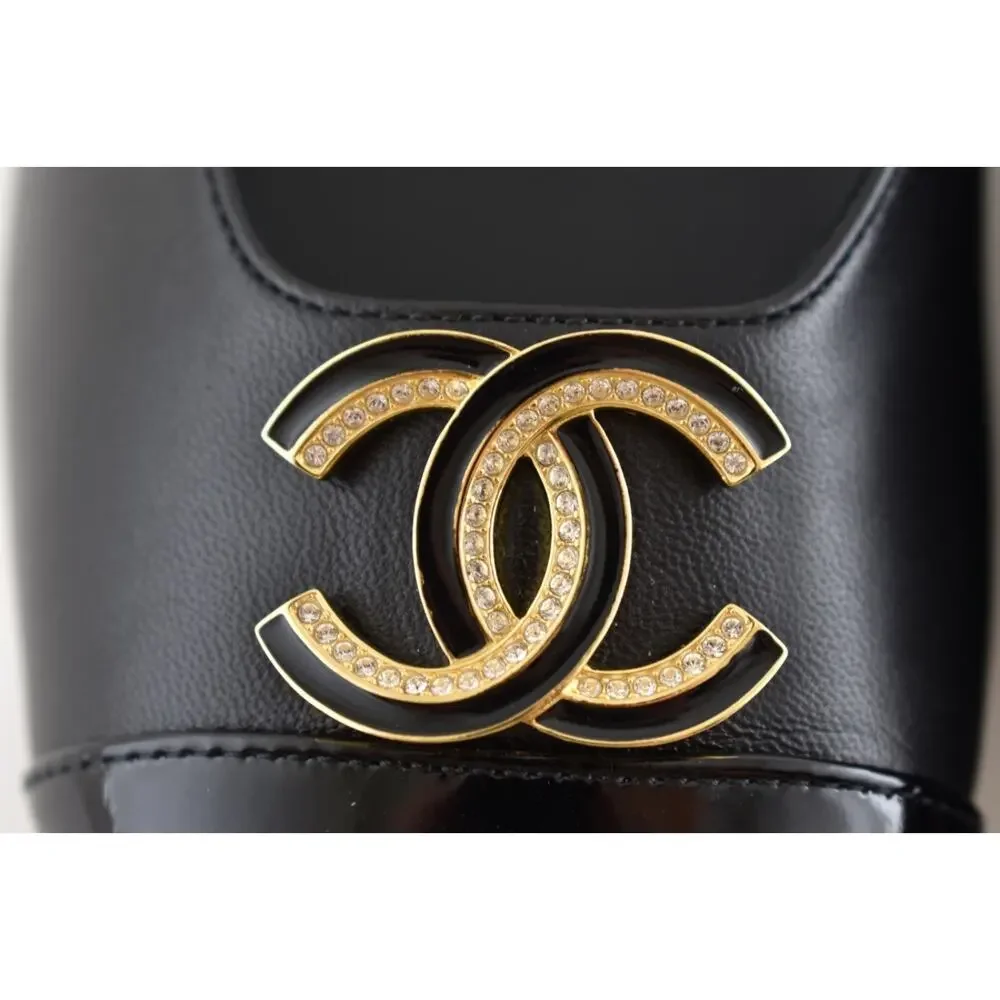Chanel 25P Black Patent Gold CC Slingback Ankle Strap Ballerina Ballet Flat 38.5