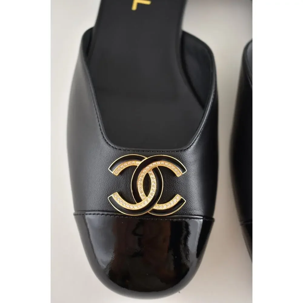 Chanel 25P Black Patent Gold CC Slingback Ankle Strap Ballerina Ballet Flat 38.5