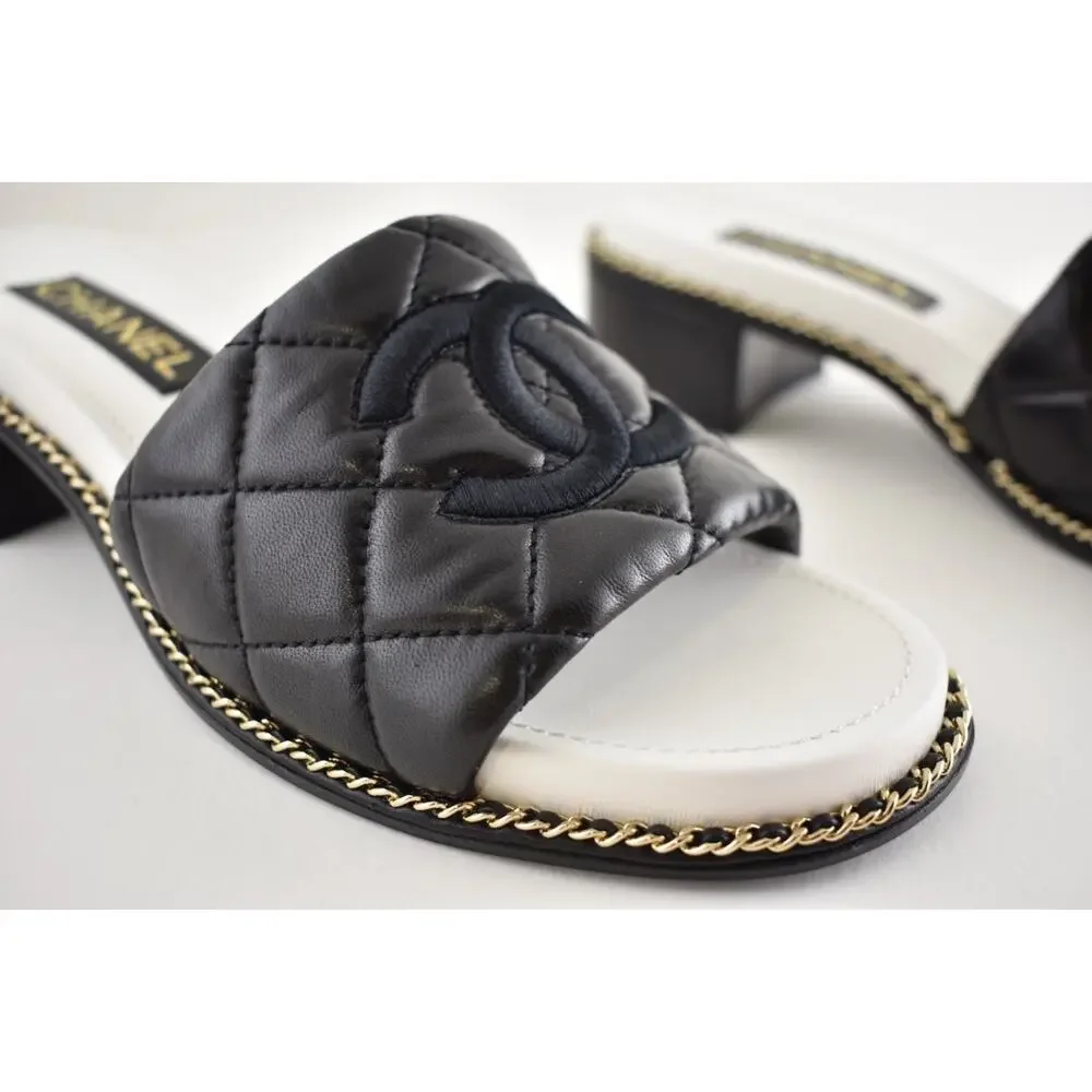 Chanel 25P Black Quilted Leather Chain CC Logo Mule Slide Sandal Block Heel 36.5