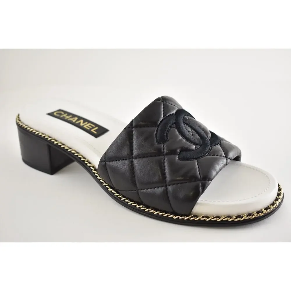 Chanel 25P Black Quilted Leather Chain CC Logo Mule Slide Sandal Block Heel 36.5