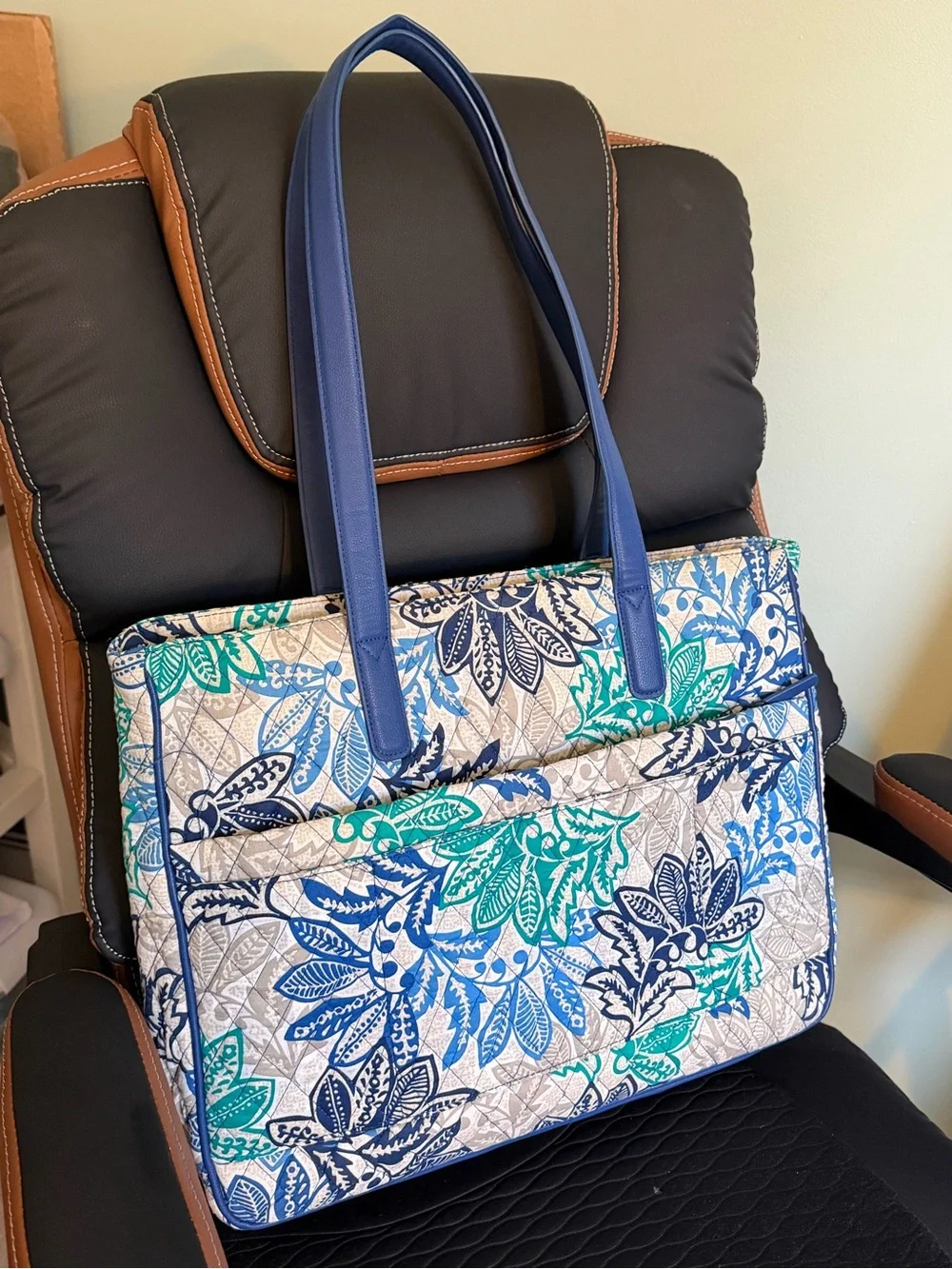 Vera Bradley Quilted Floral Tote Bag in Blue & Teal with Navy Straps