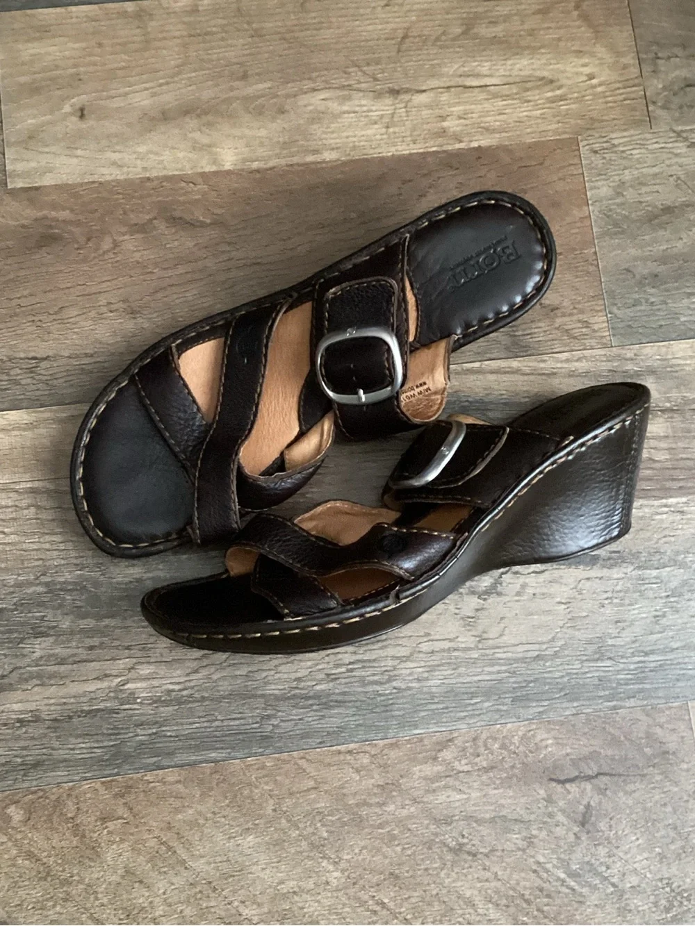 Born Dark Brown Leather Wedge Sandals with Buckle