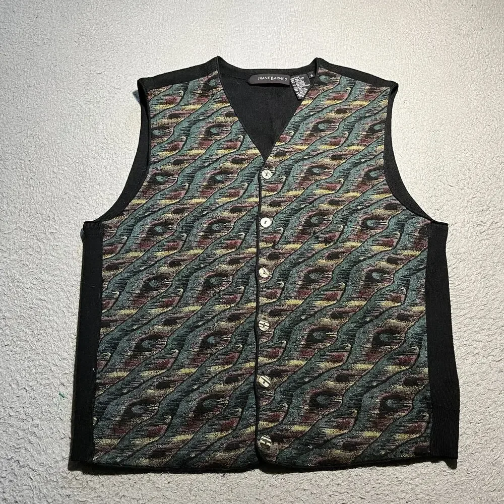 Vtg Jhane Barnes Sweater Vest Mens Small Wool Grandpa Cardigan Abstract Colorful