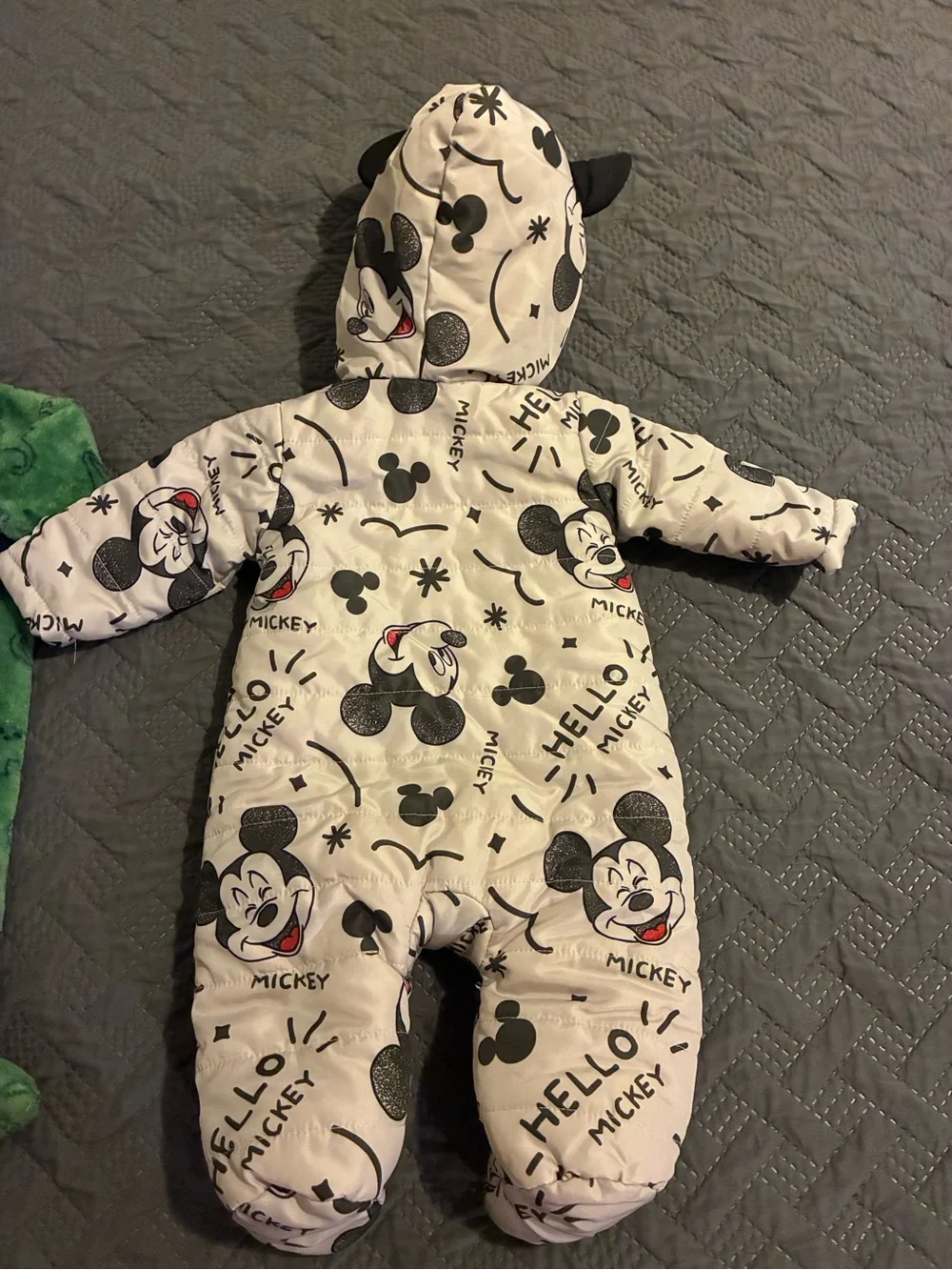 Disney White Mickey Print One-Piece Footed Snowsuit with Red Lining 0-3 months