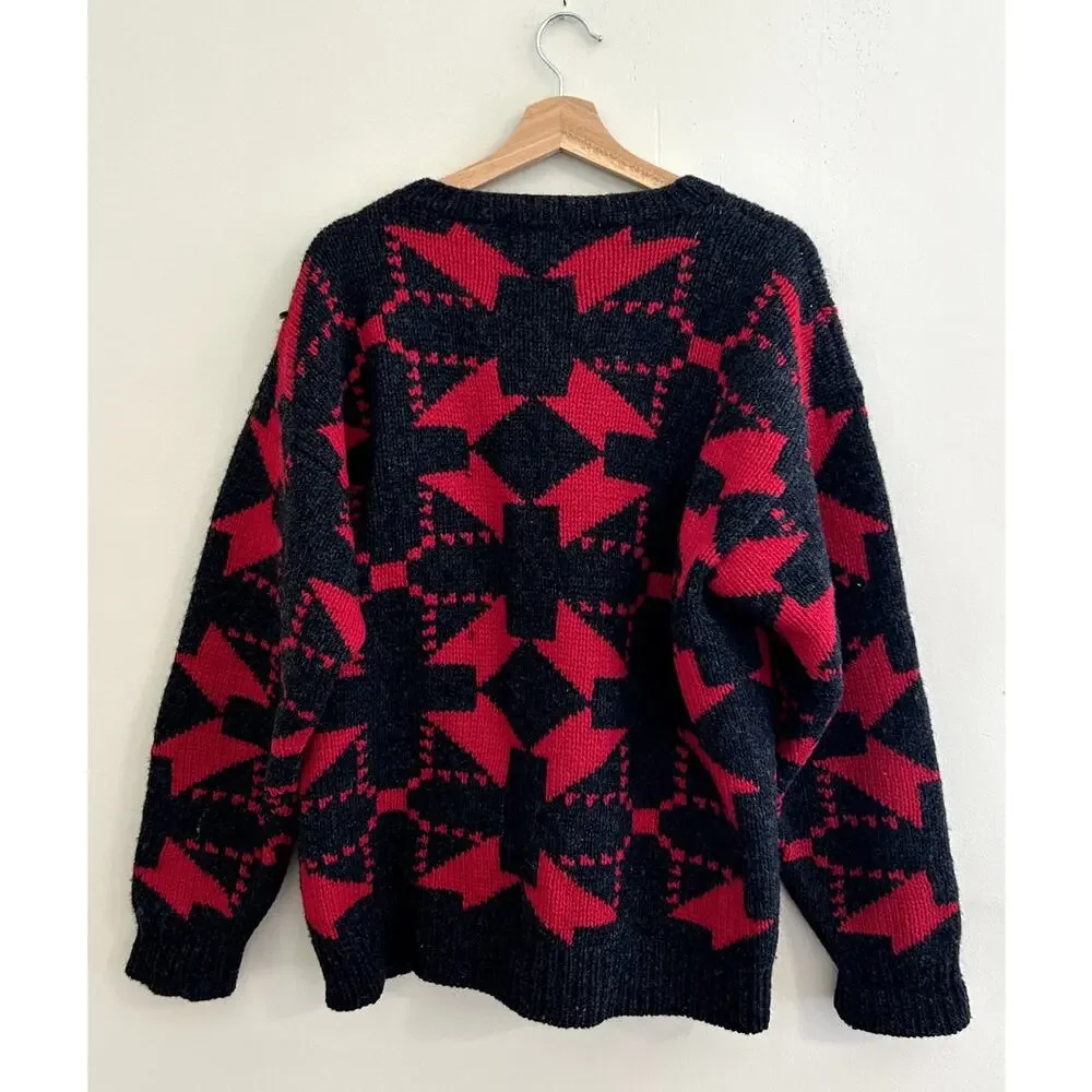 Vintage 90s Woolrich Red Black Abstract 100% Wool Pullover Sweater Men's Medium