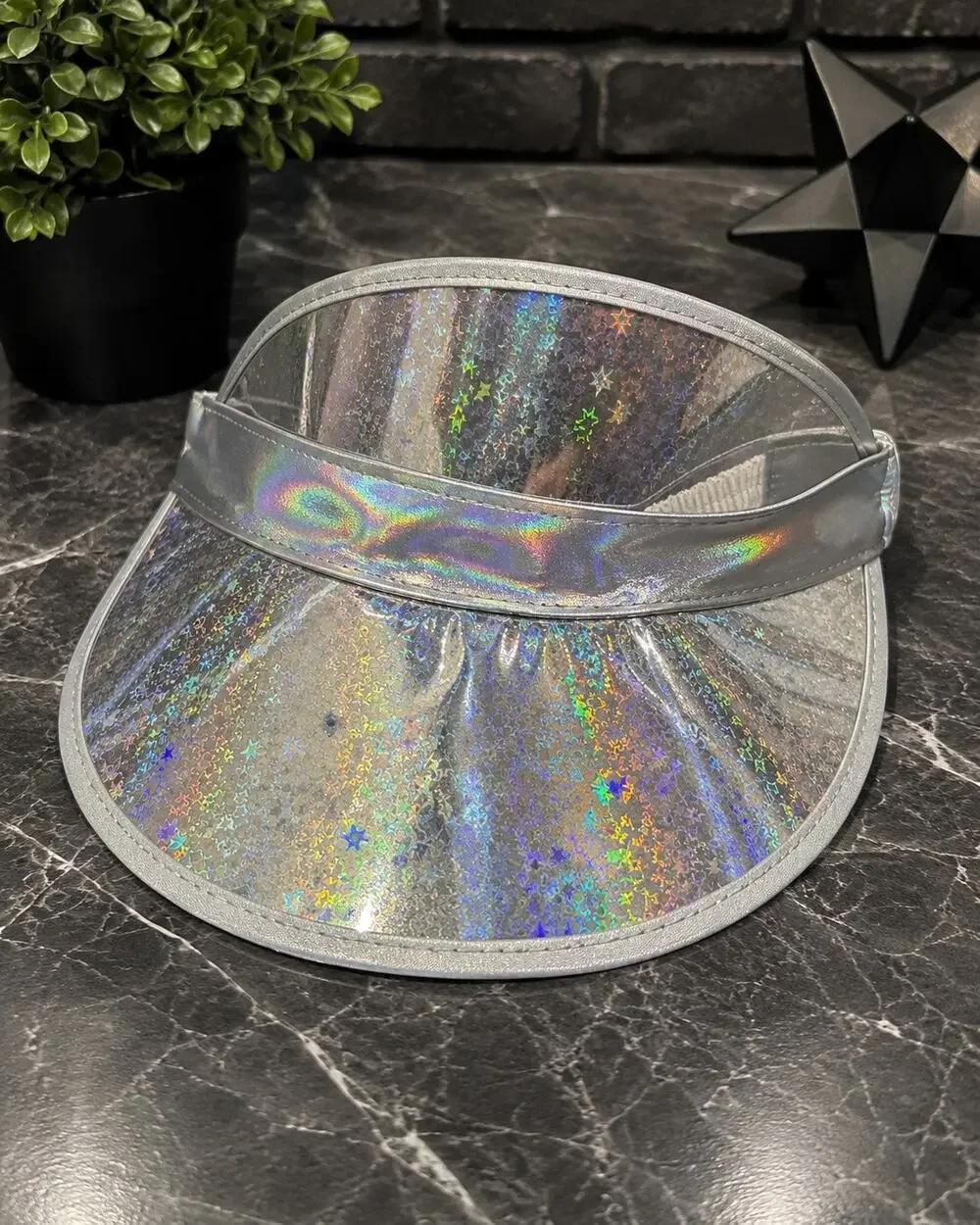 David & Young Holographic Transparent Star Print Visor Silver Retro Festival Hat