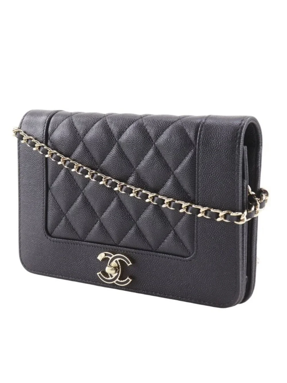 Chanel Mademoiselle Quilted Caviar Leather Black Chain Wallet Shoulder
