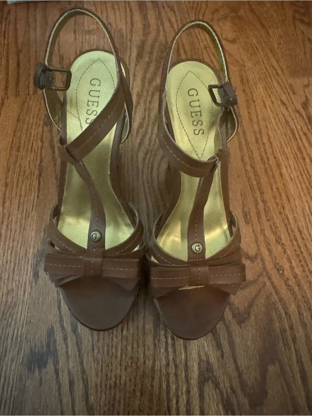 GUESS Brown Bow T-Strap Open-Toe Women's Heels