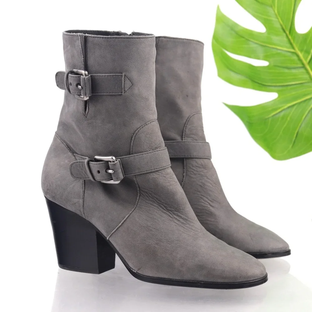 Michael Kors Womens Ashton Boots Size 7.5 Gray Leather Block Heel Bootie Buckles